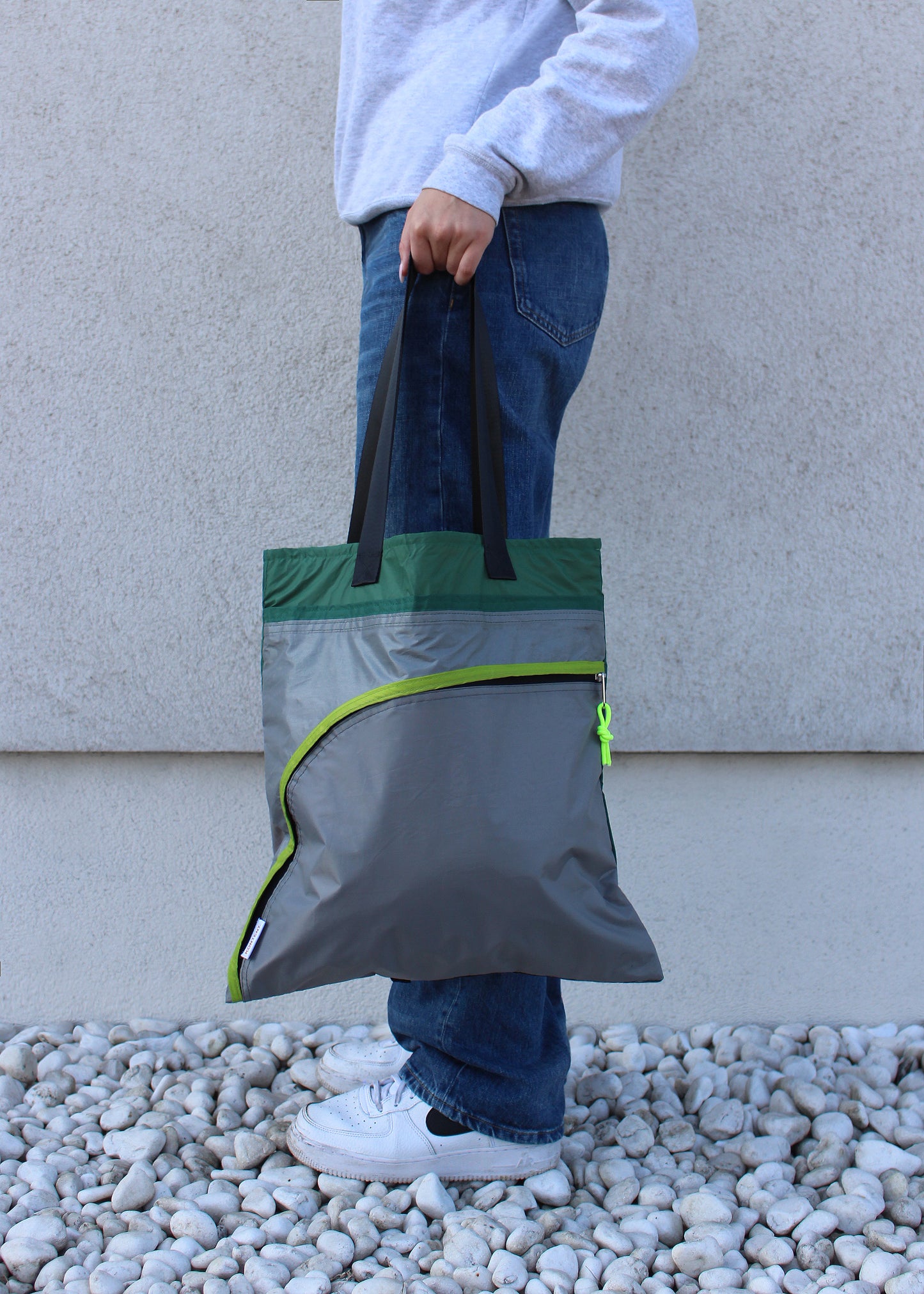Grey / Green Curved zip Tote Bag