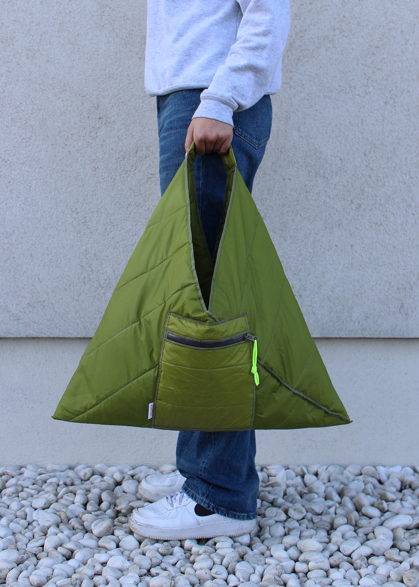 Khaki Green medium Quilted Triangle bag with Grey trims